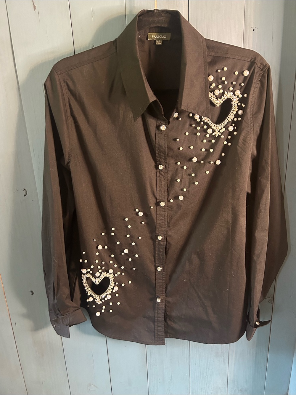 Kiwi Club Black Embellished Button-Down Shirt - Heart Pearl & Rhinestone Detail